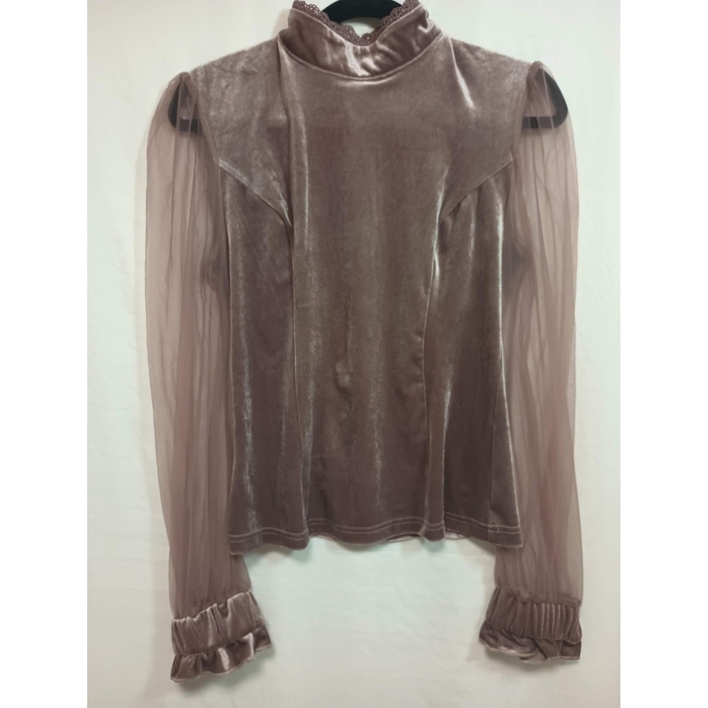 Futurino Mauve Velvet Mock Neck Sheer Mesh Sleeve Ruffle Cuff Women M Whimsigoth